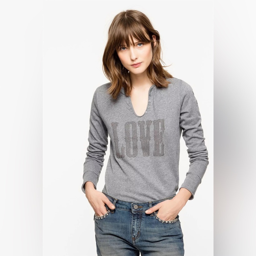 NWT Zadig & Voltaire | Long Sleeved Love Rhinestone Henley Size M